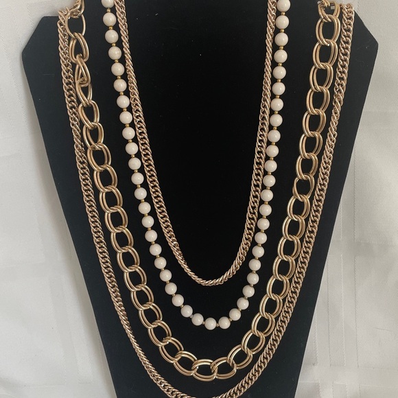 Jewelry - Gold Multi-Strand Multi Length Necklace w/White Beads - Women Jewelry - Trio set